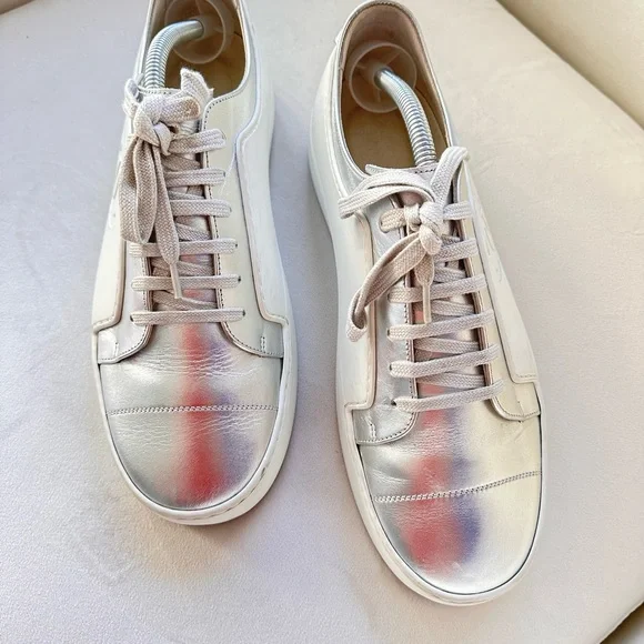 Authentic Chanel CC Sneakers White And Metallic Grey Shoes EuSize 42 US 9
